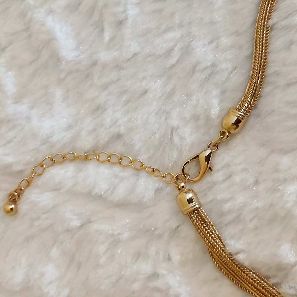 NWOT Gold Toned Box Chain Y Necklace With Ringed Gem Pendant Adjustable - Picture 5 of 6